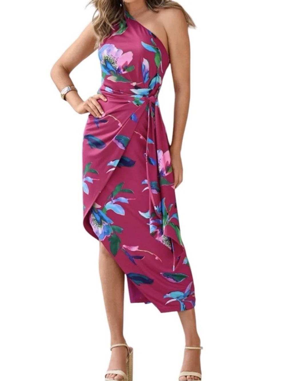 NWT Boston Proper Watercolor Abstract One Shoulder Tie Waist Dress Pink Small